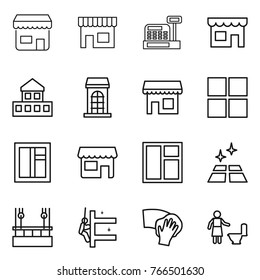Thin line icon set : shop, cashbox, cottage, building, window, clean floor, skysrcapers cleaning, skyscrapers, wiping, toilet