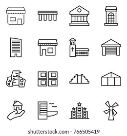Thin line icon set : shop, bridge, library, building, skyscraper, church, garage, modern architecture, panel house, pyramid, greenhouse, real estate, hotel, windmill
