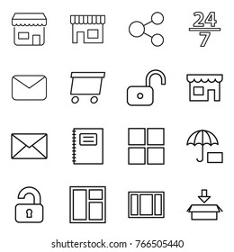 Thin line icon set : shop, share, 24 7, mail, delivery, unlock, copybook, window, insurance, unlocked, package