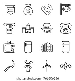 Thin line icon set : shop signboard, money bag, call, column, castle, japanese house, phone, tv, fridge, fence, sickle, windmill, hard reach place cleaning