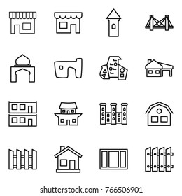 Thin line icon set : shop, tower, bridge, minaret, slum, modern architecture, house with garage, modular, japanese, palace, fence, home, window
