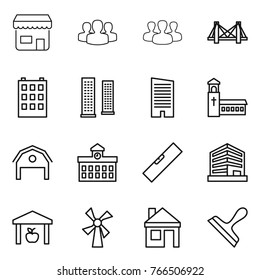 Thin line icon set : shop, group, bridge, building, skyscrapers, skyscraper, church, barn, university, level, office, warehouse, windmill, house, scraper
