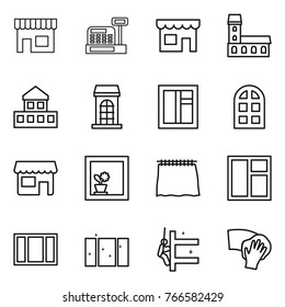 Thin line icon set : shop, cashbox, mansion, cottage, building, window, arch, flower in, curtain, clean, skyscrapers cleaning, wiping