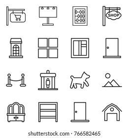 Thin line icon set : shop signboard, billboard, abacus, building, window, door, vip fence, detector, dog, landscape, dresser, rack, barn