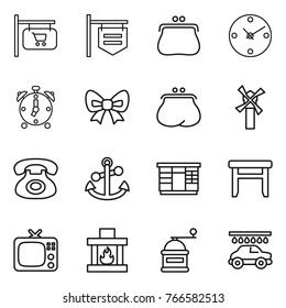 Thin line icon set : shop signboard, purse, clock, alarm, bow, windmill, phone, anchor, wardrobe, stool, tv, fireplace, hand mill, car wash