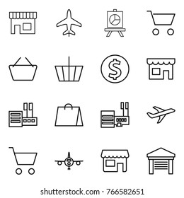 Thin line icon set : shop, plane, presentation, cart, basket, dollar coin, store, shopping bag, mall, garage