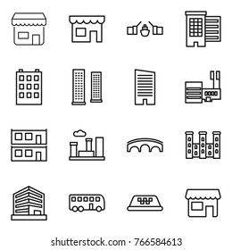 Thin line icon set : shop, drawbridge, houses, building, skyscrapers, skyscraper, mall, modular house, city, bridge, palace, office, bus, taxi