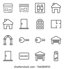 Thin line icon set : shop, wc, home, door, arch window, plan, key, garage, welcome mat, please clean