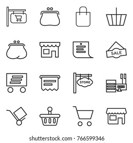Thin line icon set : shop signboard, purse, shopping bag, basket, list, sale, delivery, atm receipt, store, mall, trolley, cart