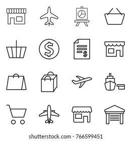 Thin line icon set : shop, plane, presentation, basket, dollar coin, account balance, shopping bag, port, cart, airplane, garage