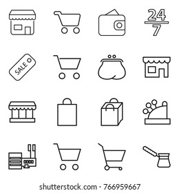 Thin line icon set : shop, cart, wallet, 24 7, sale, purse, market, shopping bag, cashbox, mall, turk