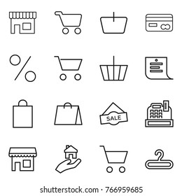 Thin line icon set : shop, cart, basket, card, percent, shopping list, bag, sale, cashbox, real estate, hanger