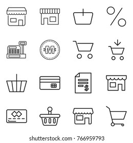 Thin line icon set : shop, basket, percent, cashbox, crypto currency, cart, add to, credit card, account balance