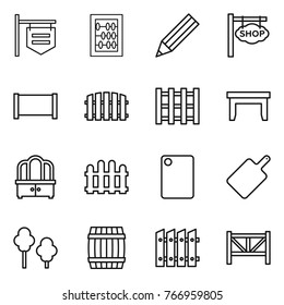 Thin line icon set : shop signboard, abacus, pencil, fence, pallet, table, dresser, cutting board, trees, barrel, farm