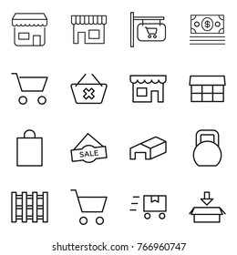 Thin line icon set : shop, signboard, money, cart, delete, market, shopping bag, sale, warehouse, heavy, pallet, fast deliver, package