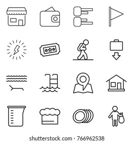 Thin line icon set : shop, wallet, diagram, flag, lightning, ticket, tourist, baggage get, lounger, pool, map, home, measuring cup, chief hat, plates, trash