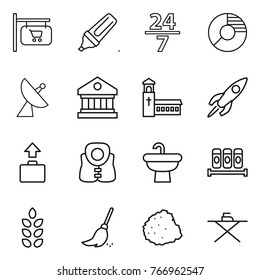 Thin line icon set : shop signboard, marker, 24 7, circle diagram, satellite antenna, library, church, rocket, baggage, life vest, sink, spices, spikelets, broom, pile of garbage, iron board