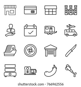 Thin line icon set : shop, credit card, market, palace, client, terms, trailer, transfer, cruise ship, cooler fan, garage, knife, double boiler, food processor, eggplant, blower