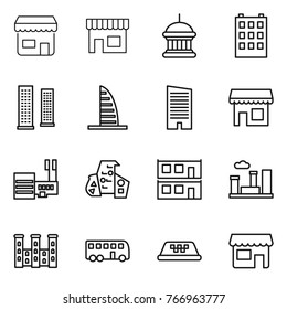 Thin line icon set : shop, goverment house, building, skyscrapers, skyscraper, mall, modern architecture, modular, city, palace, bus, taxi