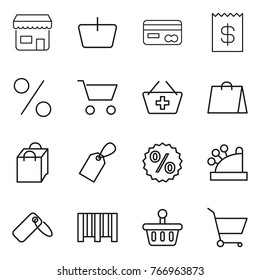 Thin line icon set : shop, basket, card, receipt, percent, cart, add to, shopping bag, label, cashbox, bar code