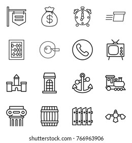 Thin line icon set : shop signboard, money bag, alarm clock, delivery, abacus, cell corection, phone, tv, castle, building, anchor, train, antique column, barrel, fence, hard reach place cleaning