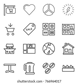 Thin line icon set : shop signboard, heart, diagram, lightning, add to cart, sale label, calculator, modular house, japanese, consolidated cargo, earth, home, table, kettle, coffee seeds, seedling