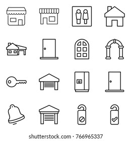 Thin line icon set : shop, wc, home, house with garage, door, arch window, key, fridge, bell, do not distrub, please clean