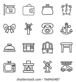 Thin line icon set : shop signboard, wallet, purse, alarm clock, bow, windmill, phone, anchor, service bell, wardrobe, dresser, stool, tv, fireplace, car wash