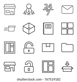 Thin line icon set : shop, share, 24 7, mail, delivery, box, copybook, window, unlock, package, documents, unlocked