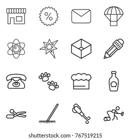 Thin line icon set : shop, percent, mail, parachute, atom, bang, box, pencil, phone, pets, chief hat, ketchup, scissors, rake, blower, vacuum cleaner