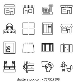 Thin line icon set : shop, cashbox, cottage, window, flower in, curtain, clean, skysrcapers cleaning, skyscrapers, wiping, toilet