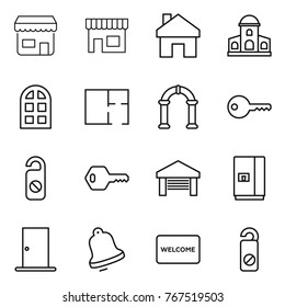 Thin line icon set : shop, home, mansion, arch window, plan, key, do not distrub, garage, fridge, door, bell, welcome mat