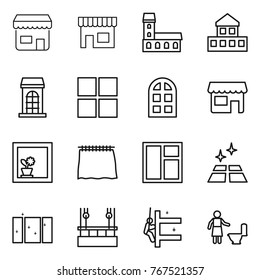 Thin line icon set : shop, mansion, cottage, building, window, arch, flower in, curtain, clean floor, skysrcapers cleaning, skyscrapers, toilet