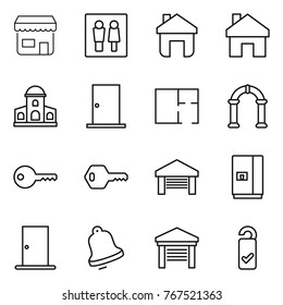 Thin line icon set : shop, wc, home, mansion, door, plan, arch, key, garage, fridge, bell, please clean