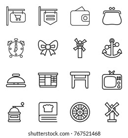 Thin line icon set : shop signboard, wallet, purse, alarm clock, bow, windmill, anchor, service bell, wardrobe, stool, tv, hand mill, cooking book, wheel