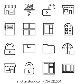 Thin line icon set : shop, 24 7, unlock, copybook, window, arch, package box, documents, insurance, unlocked