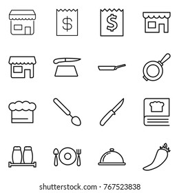 Thin line icon set : shop, receipt, cutting board, pan, chief hat, big spoon, knife, cooking book, salt pepper, fork plate, meal cap, hot