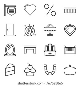 Thin line icon set : shop signboard, heart, percent, bridge, door, disco ball, restaurant, pendant, mirror, table, dresser, crib, cake, cupcake, horseshoe, pumpkin