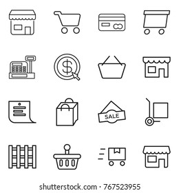 Thin line icon set : shop, cart, card, delivery, cashbox, dollar arrow, basket, shopping list, bag, sale, cargo stoller, pallet, fast deliver