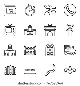 Thin line icon set : shop signboard, stopwatch, journey, phone, tv, castle, arch, windmill, fort, gothic architecture, window, train, fence, welcome mat, sickle, hard reach place cleaning