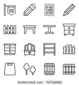 Thin line icon set : shop signboard, pencil, abacus, fence, table, nightstand, chest of drawers, dresser, rack, cutting board, trees, barrel