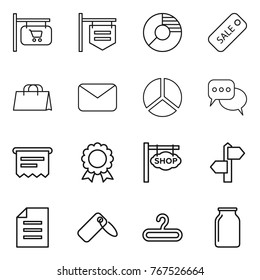 Thin line icon set : shop signboard, circle diagram, sale, shopping bag, mail, discussion, atm receipt, medal, signpost, document, label, hanger, bank