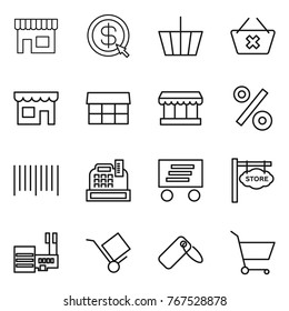 Thin line icon set : shop, dollar arrow, basket, delete cart, market, percent, bar code, cashbox, delivery, store signboard, mall, trolley, label