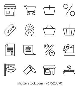 Thin line icon set : shop, cart, basket, percent, sale, medal, account balance, shopping list, cashbox, store signboard, label, hanger