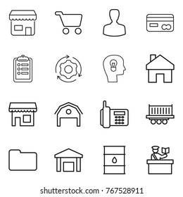 Thin line icon set : shop, cart, man, card, clipboard, around gear, bulb head, home, barn, phone, truck shipping, documents, warehouse, barrel, inspector