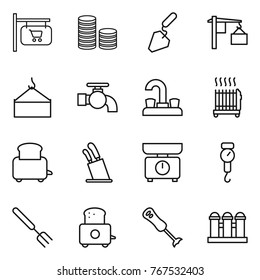 Thin line icon set : shop signboard, coin stack, construction, loading, crane, water tap, radiator, toaster, stands for knives, kitchen scales, handle, big fork, blender, grain elevator