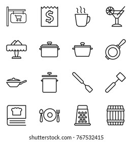 Thin line icon set : shop signboard, receipt, hot drink, cocktail, restaurant, pan, spatula, meat hammer, cooking book, fork spoon plate, grater, barrel