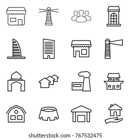 Thin line icon set : shop, lighthouse, group, building, skyscraper, minaret, houses, factory, japanese house, stadium, warehouse, housing