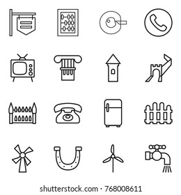 Thin line icon set : shop signboard, abacus, cell corection, phone, tv, column, tower, greate wall, gothic architecture, fridge, fence, windmill, horseshoe, water tap