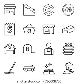 Thin line icon set : shop, crisis, around gear, crypto currency, receipt, delete cart, warehouse, barn, measuring tape, workman, plate washing, rake, pickup, clean floor, housing